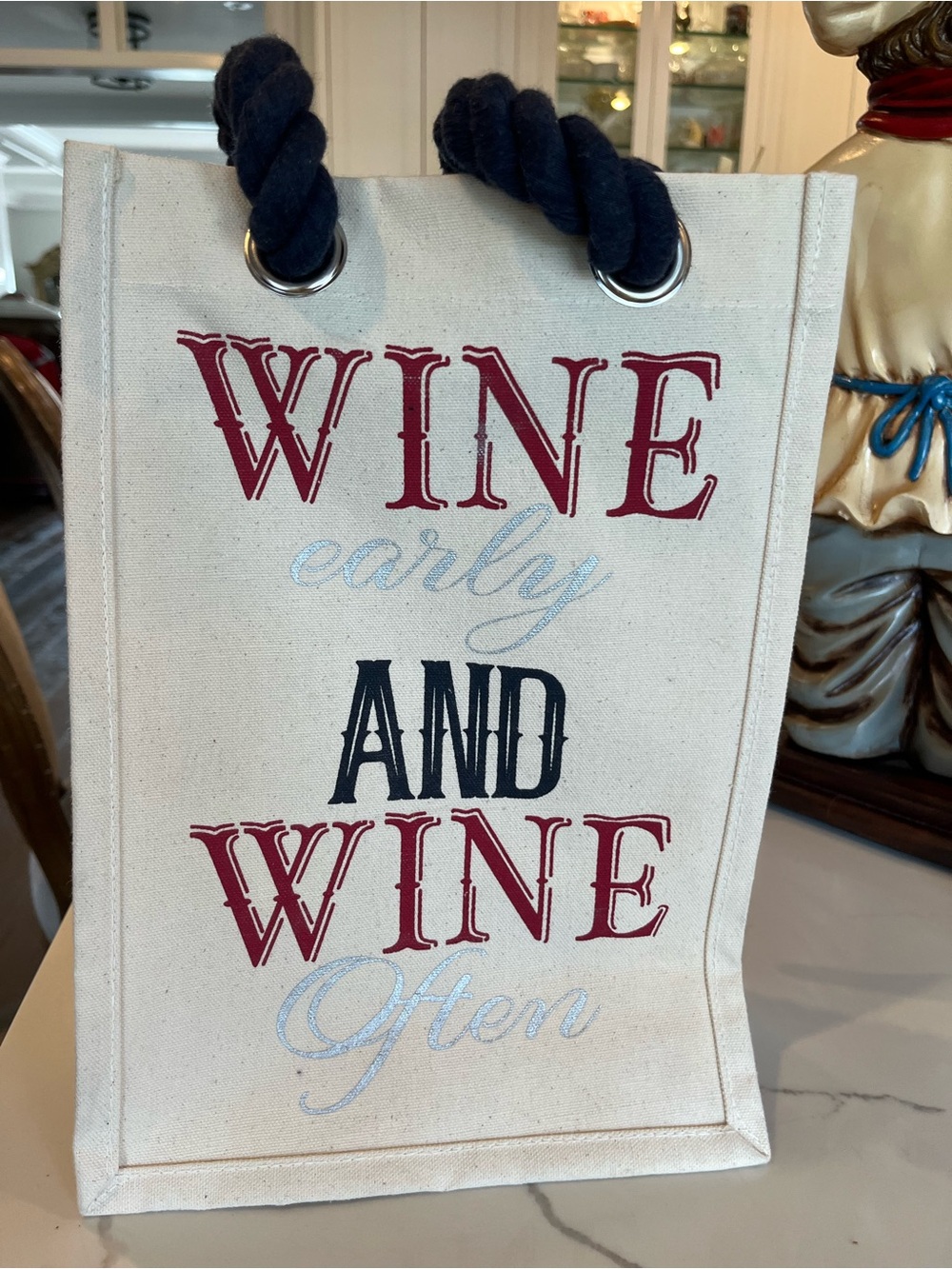 Canvas Wine Tote Bag by  - Red, Black, Navy